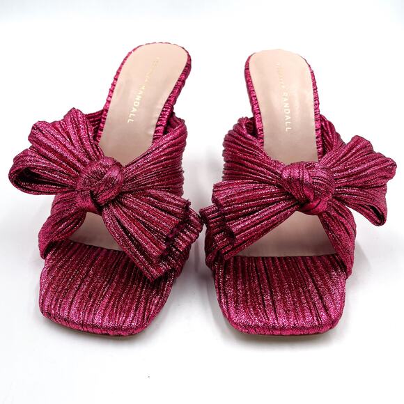 Loeffler Randall Claudia Mules Pleated Fuchsia Metallic Heels Bow Sandals Sz 7.5 - Picture 7 of 13